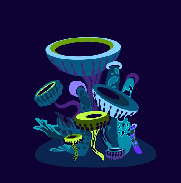 Fantasy Cartoon Alien Mycelium Spawn Landscape.Fantasy Supernatural Psylocubin Mushrooms of Different Curved Shape, Dark Background. Trance Psychedelic Fungal. Computer Game Planet illustration Vector