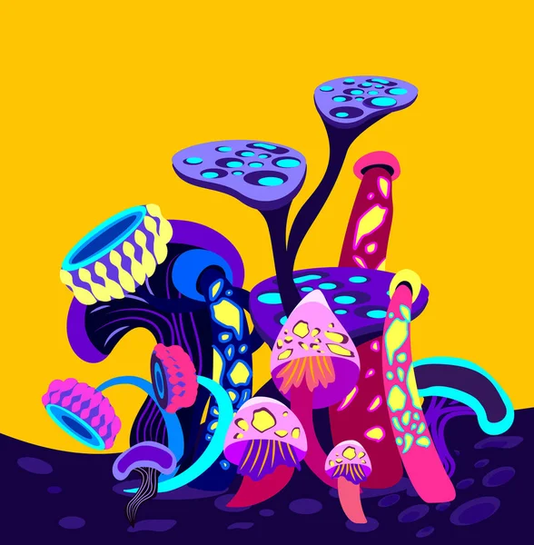 Fantasy Cartoon Alien Mycelium Spawn Landscape.Fantasy Supernatural Psylocubin Mushrooms of Different Curved Shape,Yellow Background.Trance Psychedelic Fungal. Computer Game Planet illustration Vector illustration