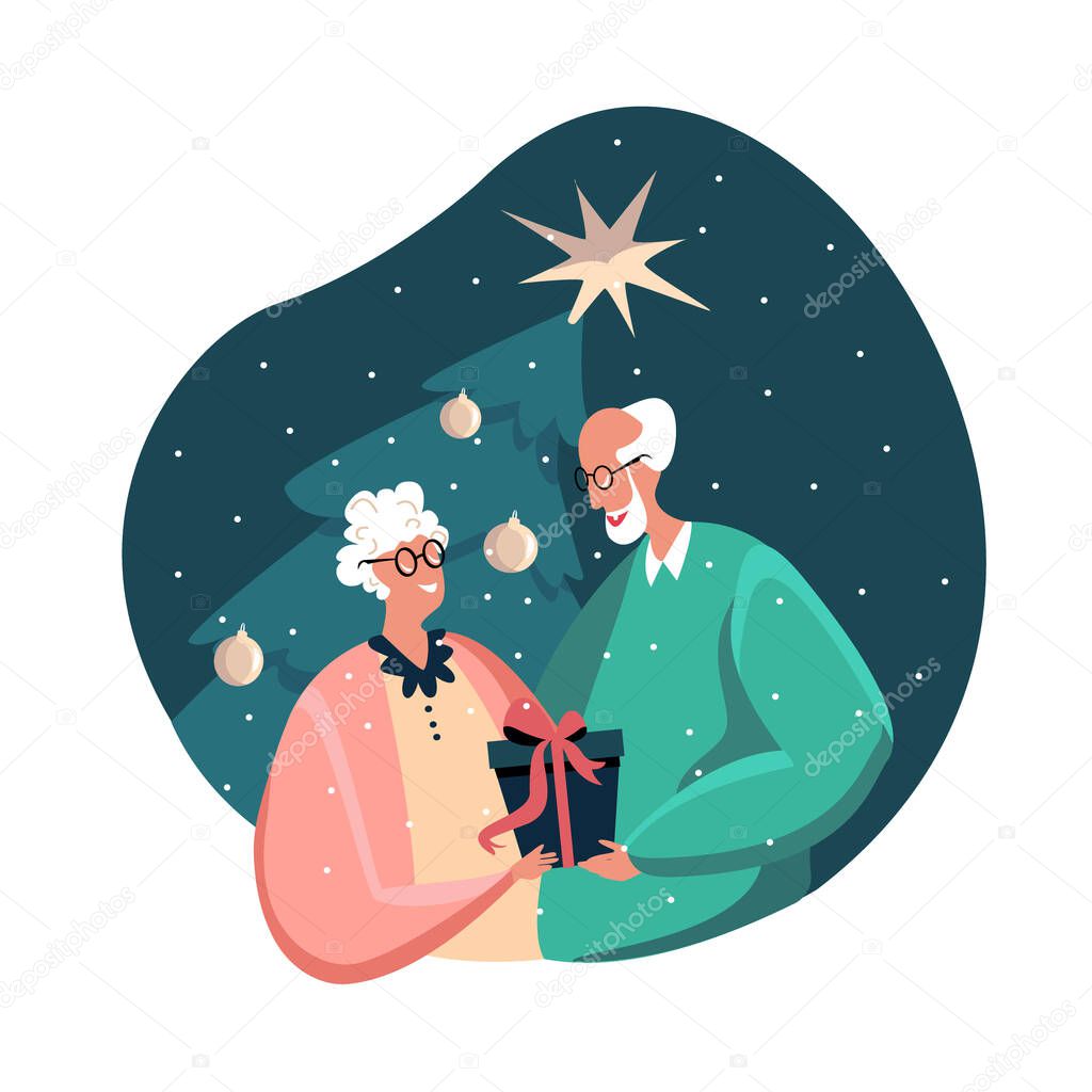 Smiling old lady, man Celebrating New Year and Xmas Happy pensioners couple hug near Christmas tree Pensioners anticipte holiday festivity rejoicing presenting a gift. Cartoon Flat Vector Illustration