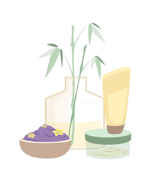 Μπουκαλάκι γυάλινο με μπαμπού, σωλήνα κρέμας με βιολογικά προϊόντα ομορφιάς, φυσικά αποστάγματα, φυτικά λοσιόν, βιολογικά λουλούδια για αρωματοθεραπεία Spa, ινστιτούτο ευεξίας.Επίπεδη διανυσματική απεικόνιση απομονωμένη, λευκό φόντο — Διανυσματικό Αρχείο