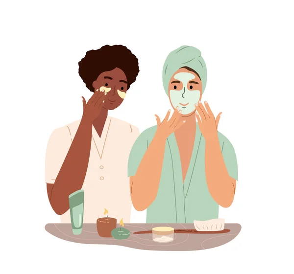 非裔美国人黑皮肤 两个女人脸上带着粘土面罩 用浴衣和头巾对女朋友进行温泉护肤治疗 在白色背景上孤立的彩色平面矢量图 — 图库照片
