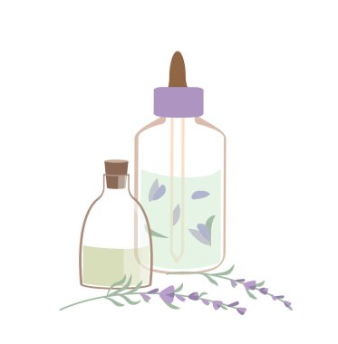 Doğal kozmetik ürünleri ve lavanta ve petal içeren cam şişeler. Vücut bakımı için organik serum damlacıklarıyla Pipette. Şeffaf kaplarda bitkisel özler. Düz Vektör Resimleri izole edildi