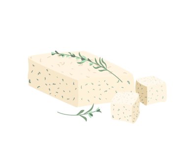 Yunan yumuşak kaymak peyniri otlar, yeşillikler. Parça ve küp Feta peyniri. Parça parça süt ürünü. Yeşil peynir. Beyaz arka planda izole edilmiş şarküteri besininin renkli düz vektör çizimi.