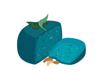 Lavantalı Hollanda peyniri. Mavi Gouda sert baskılı peynir. Fesleğen ve fındıklı Hollanda peyniri. Şarküteri yemeğinin renkli çizimi, beyaz arka plan.