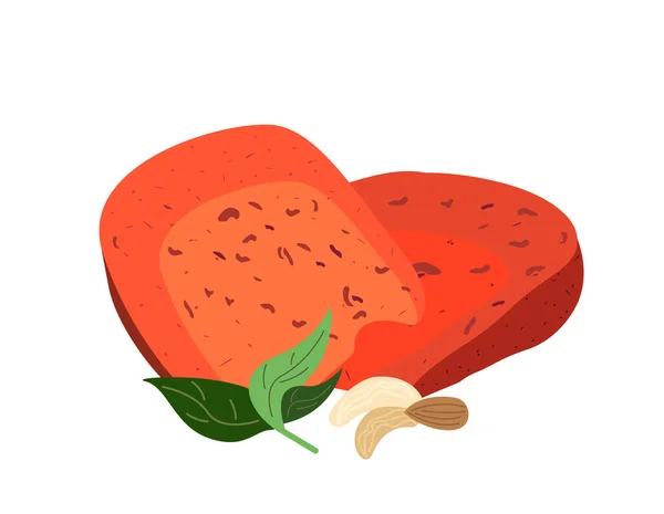 Gourmet Holland cheese basiron with Tomato, Oregano and Garlic.Red Gouda Hard pressed cheese.Piece of delicious Dutch chees.Colored vector illustration of delicatessen food isolated,white background