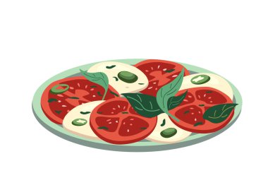 Caprese salatası, Mozzarella peyniri, dilimlenmiş domates, fesleğen, beyaz arka planda izole edilmiş kekik baharatı. Sağlıklı vejetaryen Akdeniz yemekleri. Kartpostal, afiş, poster, web tasarımı, menü