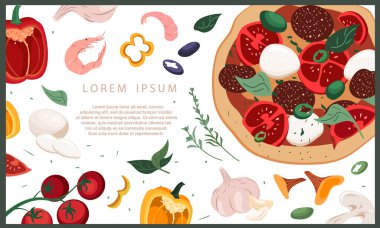 Pizzacı için yatay reklam pankartı, salam sosisi, Mozzarella pizzası, beyaz arka planda malzemeler. İtalyan restoranları ve kafeler için tanıtım şablonu. Reklamın vektör illüstrasyonu