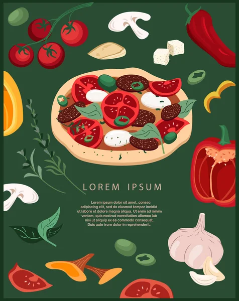 サラミのピザの縦型広告バナーのデザイン 色の背景にオリーブ成分とトマトピザ イタリア料理レストランやカフェのためのプロモーションテンプレート 広告のベクトルイラスト — ストック写真