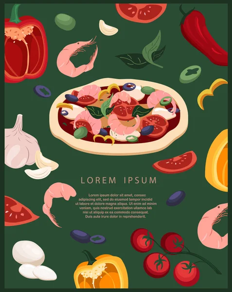 色の背景にエビや食材とシーフードピザとピザのための垂直方向の広告バナーのデザイン イタリア料理レストランやカフェのためのプロモーションテンプレート 広告のベクトルイラスト — ストック写真