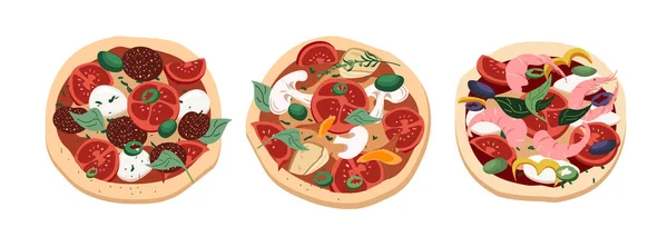 Set Diverse Pizze Intere Con Peperoni Salumi Funghi Champignons Mozzarella — Foto Stock