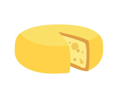 Sert baskılı Hollanda peyniri tekeri Maasdam.Yarı sert, delikli Hollanda peyniri ve sarı cilalı. Şarküteri yemeğinin renkli düz vektör çizimi, atıştırmalık izole edilmiş beyaz arka plan.