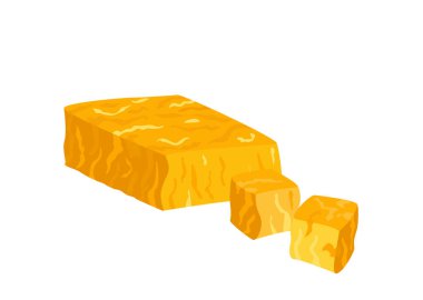 Çedar parçaları ve bir küp sert peynir. Lezzetli gurme sarı peynirler. Süt ürünü. Beyaz arka planda izole edilmiş İngiliz şarküteri gıdalarının renkli düz vektör çizimi