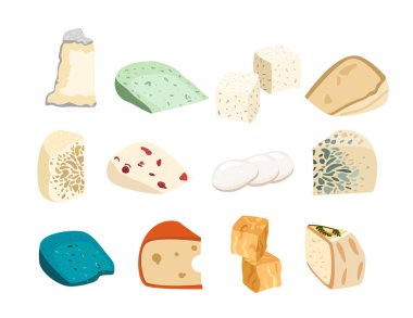 Çeşitli türde üçgen parçalar, peynir kümesi vektör illüstrasyonu. Beyaz arka plan üzerine süzme peynir koleksiyonu. Tasarım, tarif kitabı, reklam veya restoran menüsü için Curd şarküteri yiyeceği