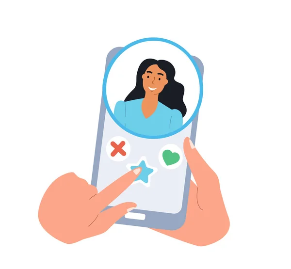 Human Character Hands Holding Mobile Phone Woman Profile Dating App — Zdjęcie stockowe
