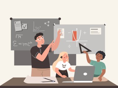 Genç öğretmen sınıftaki tahtada çocuklara yeni matematik formülünü anlatıyor. Sınıfta çalışan çocuklar. Beyaz arka planda izole edilmiş pedagog ve öğrencinin renkli düz vektör çizimi.