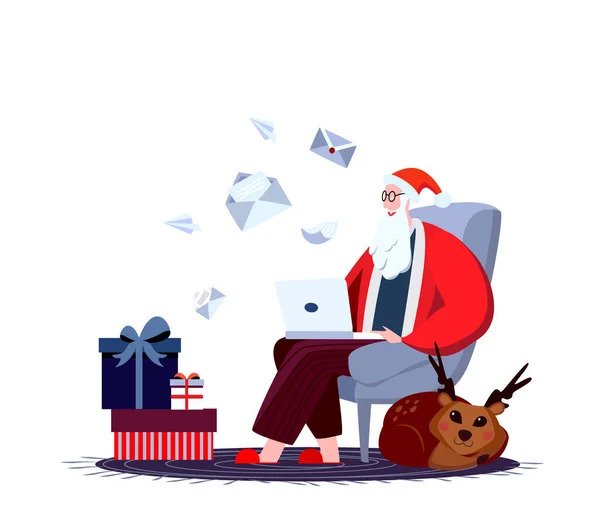 Merry Christmas Wishes Website Landing Page Weihnachtsmann Tracht Sessel Sitzend — Stockvektor