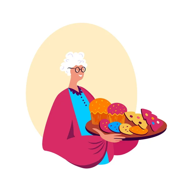 Grootmoeder Old Pensioner Lady Bereid Kerstmis Bakkerij Taarten Voor Kerstavond — Stockvector