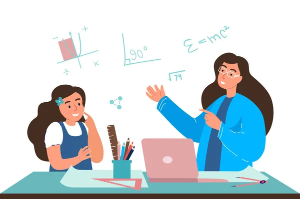 Joven Profesor Tutor Explicando Girl Kid Nuevas Fórmulas Matemáticas Aula — Vector de stock