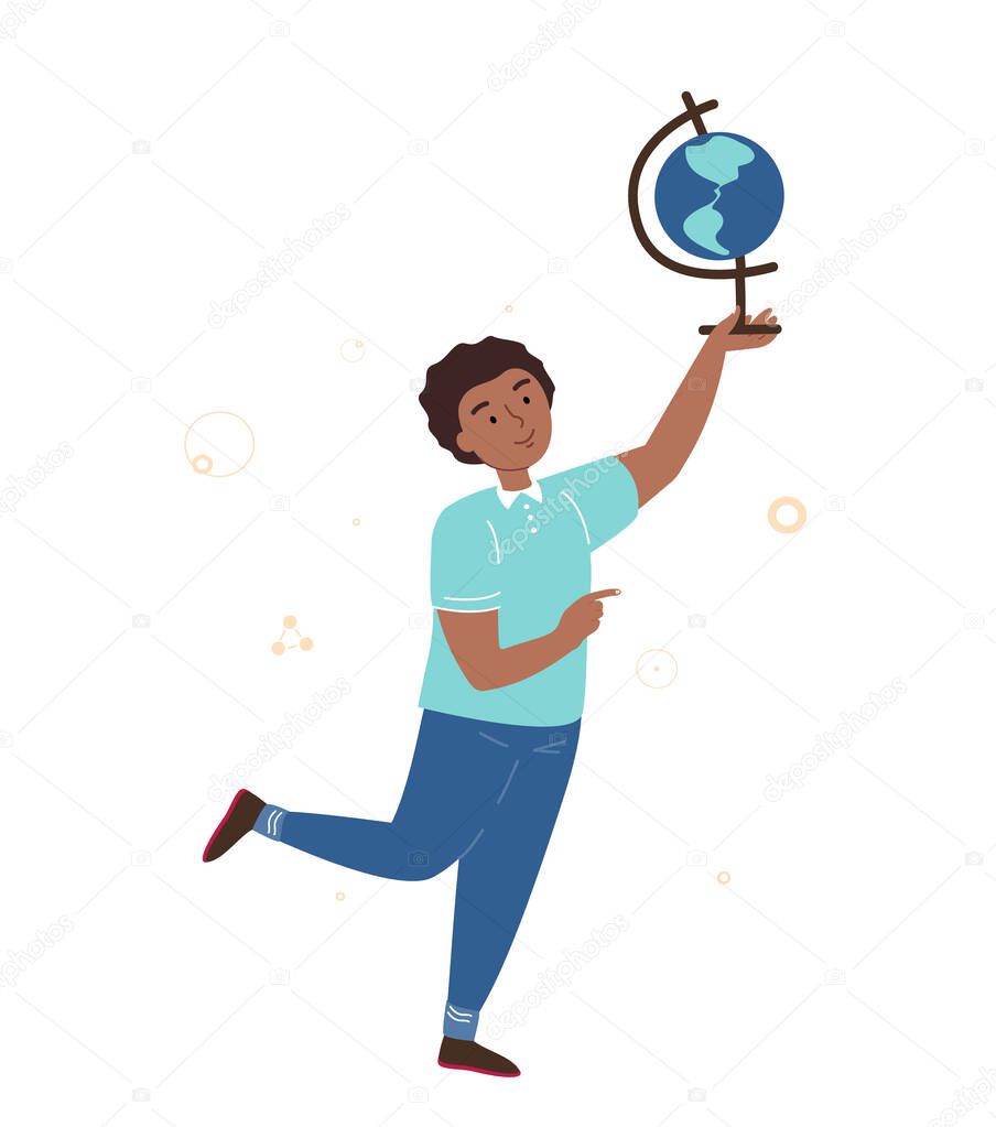 Smiling Boy African teenage student hold Globe Sphere of Earth Planet.Happy pupil on Geography Lesson.Cute boy or schoolchild.Flat vector cartoon illustration of cheerful schoolboy isolated on white