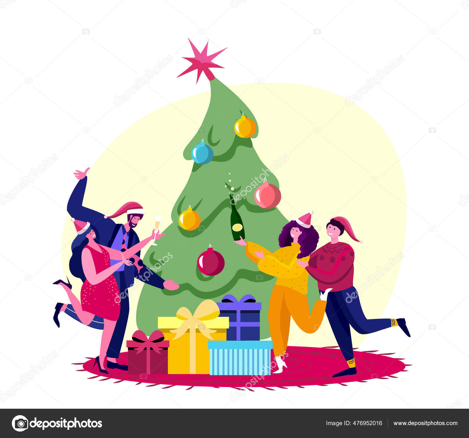 Celebração Ano Novo Natal Árvore Natal Decorada Presentes Confetti Amigos imagem vetorial de © AlinaKvaratskhelia #476952016 Celebração Ano Novo Natal Árvore Natal Decorada Presentes Confetti Amigos imagem vetorial de © AlinaKvaratskhelia #476952016