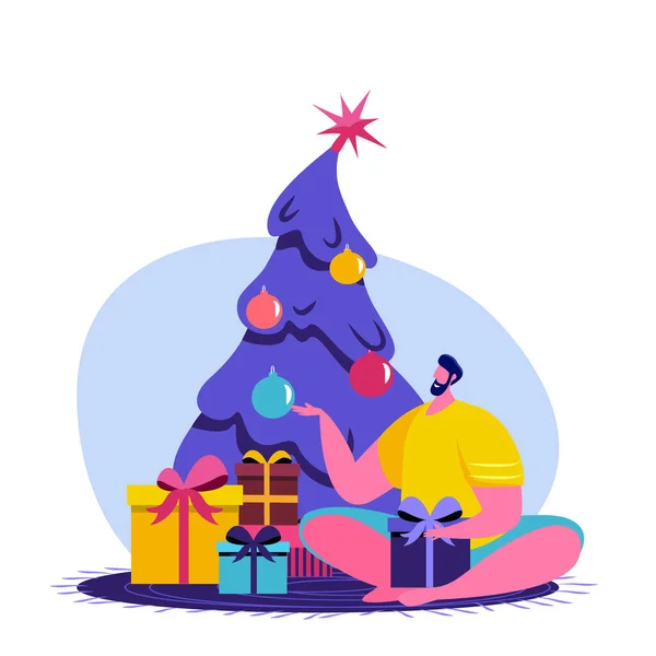 好奇快乐的年轻人独自坐在装饰过的圣诞树下 开著许多礼物盒 圣诞佳节带来惊喜和传统 卡通平面矢量图解 — 图库矢量图片