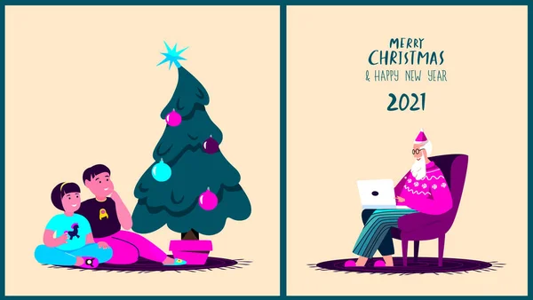 Feliz Natal Feliz Ano Novo Cartões Set Happy Sorrindo Crianças — Vetor de Stock