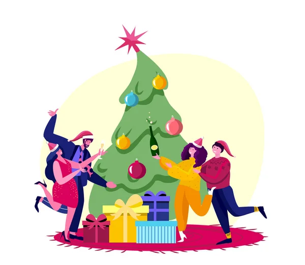 Neujahrs Und Weihnachtsfeier Geschmückter Weihnachtsbaum Geschenke Und Konfetti Glückliche Freunde — Stockvektor