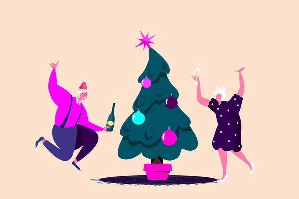退休老人欢度新年及圣诞佳节 年长的退休老人 年长的退休妇女 外祖父 祖母在装饰过的枞树下跳舞 饮酒冠军 — 图库矢量图片