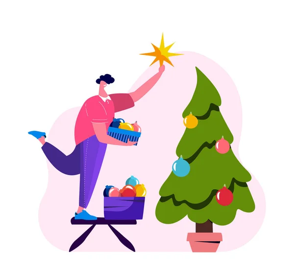 Merry Christmas Happy Holidays Man Holding Box Festive Balls Stand — Stock Vector