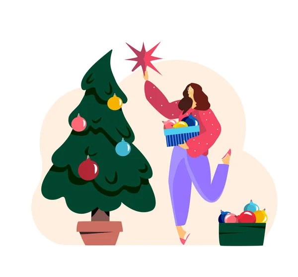 圣诞快乐 节日快乐 圣诞节前 一个女人拿着一个装有节庆球的盒子 装饰圣诞树室内 把星星放在云杉顶部 新年卡通片 平面病媒图解 — 图库矢量图片