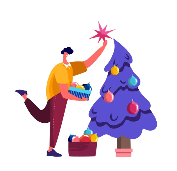 Feliz Navidad Felices Fiestas Hombre Sosteniendo Una Caja Con Bolas — Vector de stock