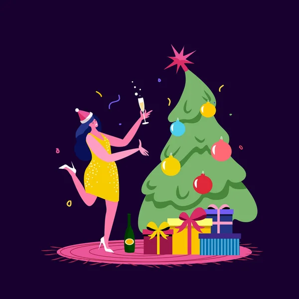 Frohe Weihnachten und Frohes Neues Jahr Feier Frohe Frau mit Weihnachtsmütze Feiern Sie Weihnachtsfeier im Büro Tanzen am geschmückten Baum mit Champagnerflasche und Weinglas Cartoon Flat Vector Illustration — Stockvektor