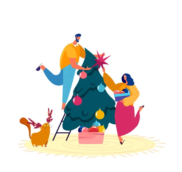 准备迎接新年和圣诞节的人物。快乐的男人和女人装饰圣诞树。爱家人的夫妻，关系。冬季及季节假日。卡通平面矢量图解 — 图库矢量图片