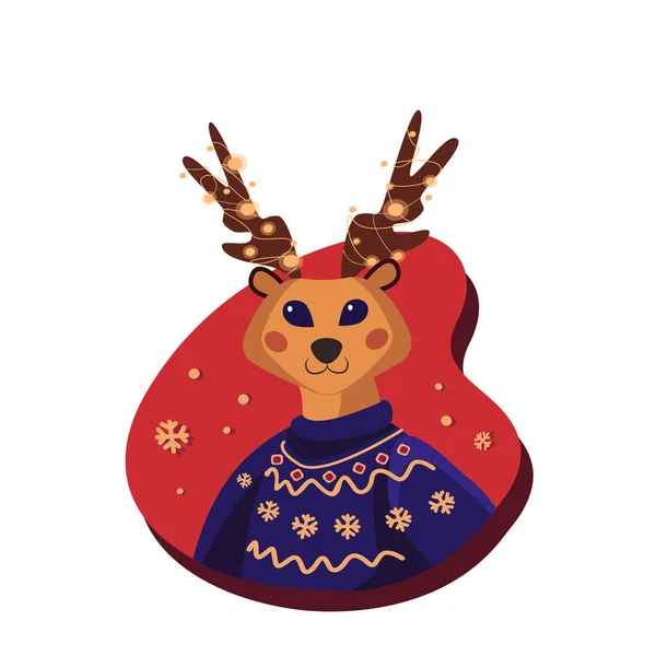 Поздравляем с Рождеством и Рождеством Христовыми открытками с полярным северным оленем. Смешное милое сказочное животное в красном зимнем орнаменте вязанный свитер. Новогодний мультфильм "Плоский вектор" — стоковый вектор