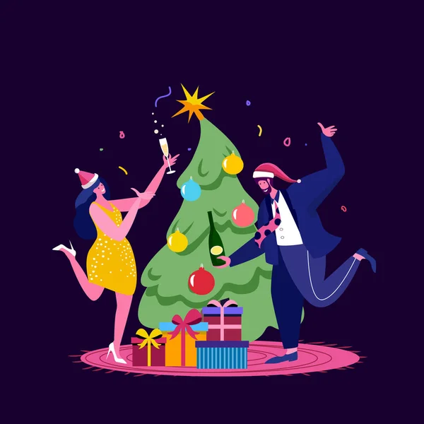采购产品新年圣诞庆祝在工作或家庭,装饰圣诞树,礼物和糖果.同事或商务人士在办公室聚会上玩得开心。爱家庭的夫妻。卡通平面矢量图解 — 图库矢量图片