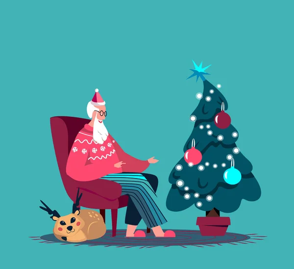 Santa Claus Sentado en Sillón con Fabuloso Ciervo de Hada, Árbol de Navidad Decorado con Garland. Feliz Navidad, Feliz Año Nuevo. Tarjeta de felicitación de Santa Home. Acogedora atmósfera de Navidad. Ilustración de vectores planos — Vector de stock