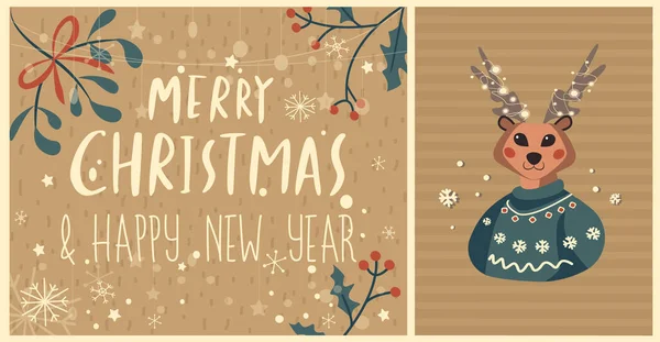 Boże Narodzenie, Szczęśliwego Nowego Roku kartka powitalna z życzeniem kaligraficznym, Skład reniferów Pollardowych, Zabawny Cute Fairy Animal in Winter Ornament Sweter z dzianiny.Wakacje zimowe.Wesołych Świąt, Wesołych Świąt — Wektor stockowy