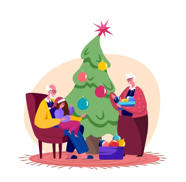 圣诞快乐,寒假愉快.圣诞前夕快乐的奶奶装饰圣诞树。笑着爷爷和孙女坐在膝头上看新年漫画《平面病媒图解》 — 图库矢量图片