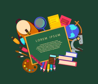 Reklam afişi okula karatahta arka planda. Okul Malzemeleri Aksesuarları İlkokulu Kırtasiye araçları ve metin için yer ile birlikte poster. Promosyon şablonu. Ofis kırtasiyesi. Görüntü