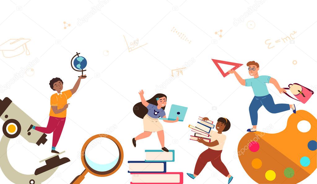 Group of cute happy children or pupils on big School supplies,office stationary isolated on white background.Funny school kids,teenage boys,girls,classmates or friends.Flat cartoon vector illustration