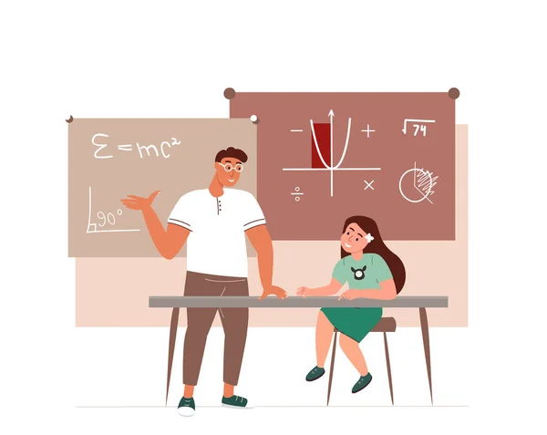 Genç Öğretmen Kız Çocuk Sınıfta Yeni Matematik Formüllerini Anlatıyor Çocuk — Stok Vektör