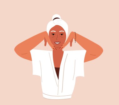 Emekli yaşlı, rahat kadın yoga yüz jimnastiği, gençleştirici egzersizler yapıyor. Kadın yüzüne masaj yapıyor. Güzellik prosedürü, yaşlanma karşıtı özen gösterme.