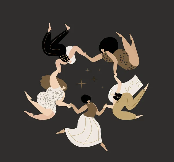 Mysterious Magic Feminino Circle.Women Dançando Ritual, dança vodu dar a mão juntos.Esotéricos Bruxas.Mulher Sagrada Power.Feminino, Empoderamento Feminino Energy.Advertisement, Flyer Flat Vector Ilustração — Vetor de Stock