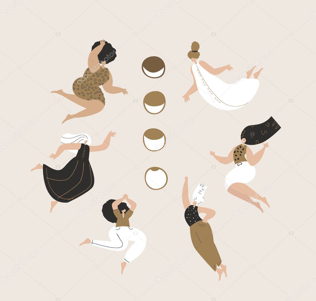 Female Astrological Space.Women Astrologists Dancing around Moon Phases.Ritual,voodoo dance together.Esoterics Sacred Woman Power.Feminine,Female Empowerment Energy.Flyer Flat Vector Illustration