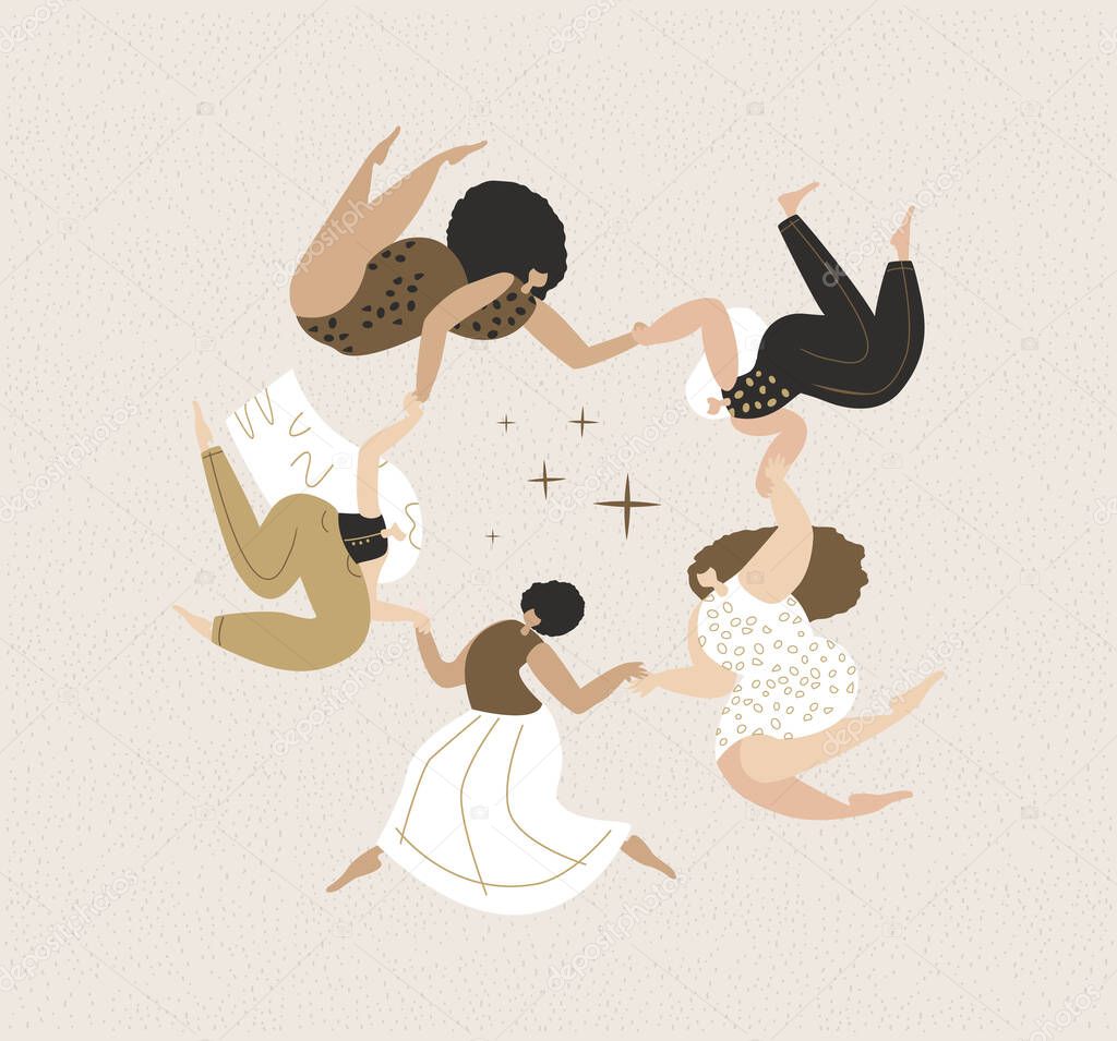 Mysterious Magic Female Circle.Women Dancing Ritual,voodoo dance hold hand together.Esoterics Witches.Sacred Woman Power.Feminine,Female Empowerment Energy.Advertisement,Flyer Flat Vector Illustration