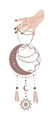 Büyücülük, Mehendi Hand kehanet rüyası için sihirli rüya avcısı tılsımı. Cadılar ve Büyücü Öngörüsü. Wicca ve Pagan geleneği. Düz Vektör Illustration boho stili. Esrarengiz öge izole edildi