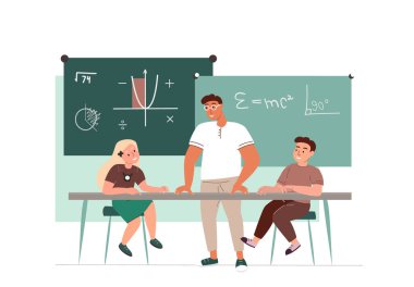 Genç öğretmen sınıftaki tahtada çocuklara yeni matematik formülünü anlatıyor. Sınıfta çalışan çocuklar. Beyaz arka planda izole edilmiş pedagog ve öğrencinin renkli düz vektör çizimi.
