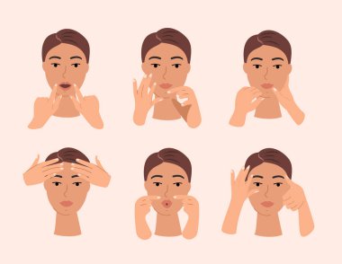 Yüz Masajı Kolajı. Yoga, Jimnastik, Yüz Kas Yenileme Egzersizleri. Güzellik Süreci. Kadın kendi elleriyle yüz yogası yapıyor. Vektör Düz Çizim