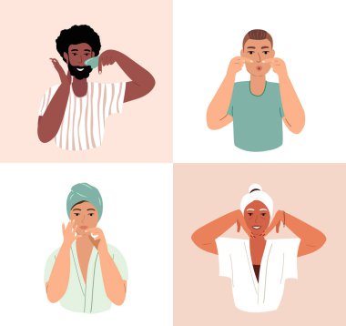Erkek ve Kadın Yüz Masajı Kolajı. Yoga, Jimnastik, Gençleştirici Yüz Kas Egzersizleri. Güzel Kadın ve Erkek. Yaşlanma Karşıtı Kişisel Bakım Süreci. Yoga Vector Düz İllüstrasyonuna Karşı Yüzleş