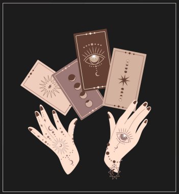 Cadılık, cadıların ve büyücülerin falcılık ayini. Wicca ve pagan geleneği. Vector vintage koleksiyonu, boho stili. Esrarengiz elementler. Kartlar, semboller, tılsım okültizm vektörü.